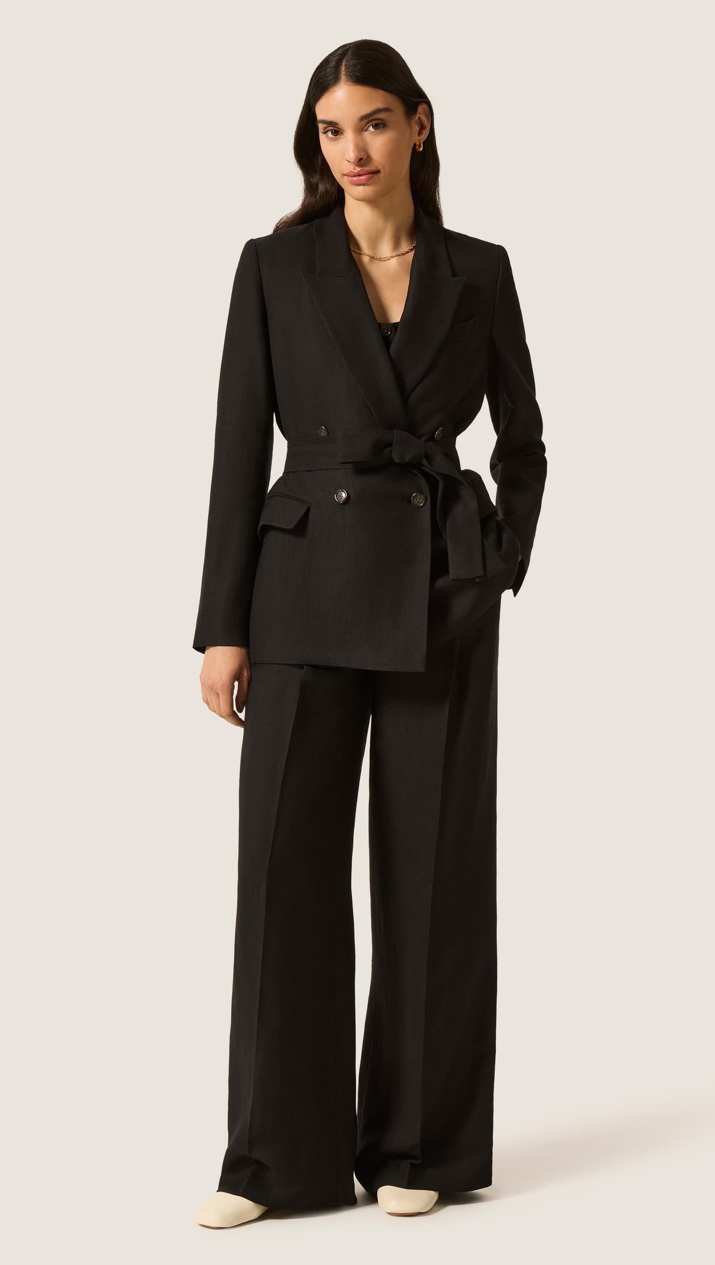 Belted Peak Lapel Blazer in Viscose Linen | Black