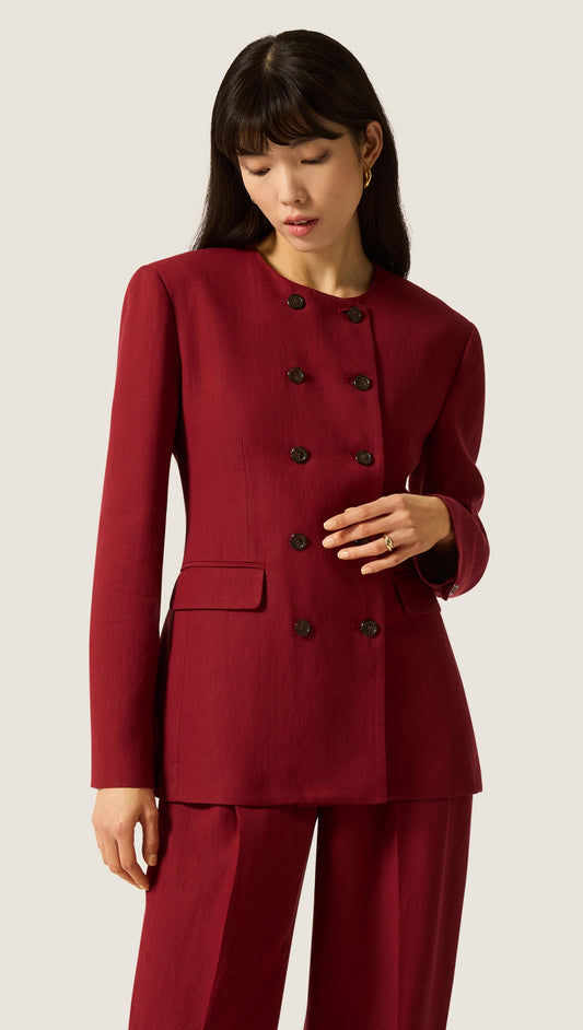 Double-Breasted Crewneck Blazer in Viscose Linen | Maroon