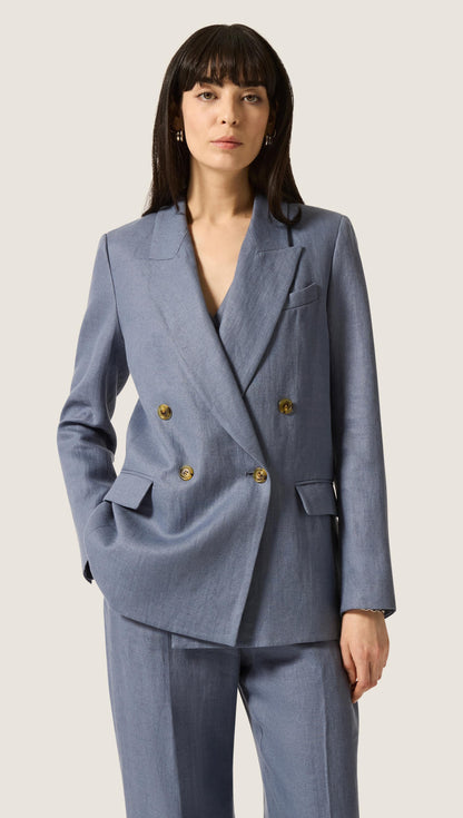 Peak Lapel Blazer in Basket Weave Linen | Blue Grey