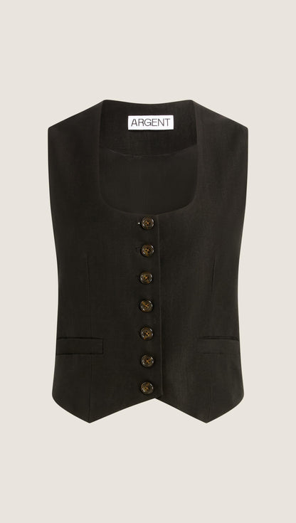 Scoop Neck Waistcoat in Viscose Linen | Black