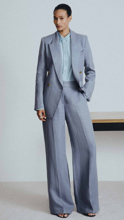 Soho Trouser in Basket Weave Linen | Blue Grey