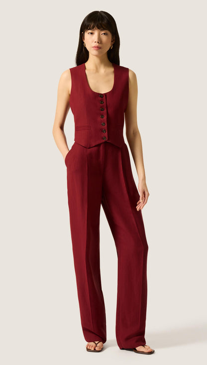 Scoop Neck Waistcoat in Viscose Linen | Maroon